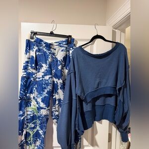 Free People Blue and White Floral Pants with Camden Cropped Sweatshirt